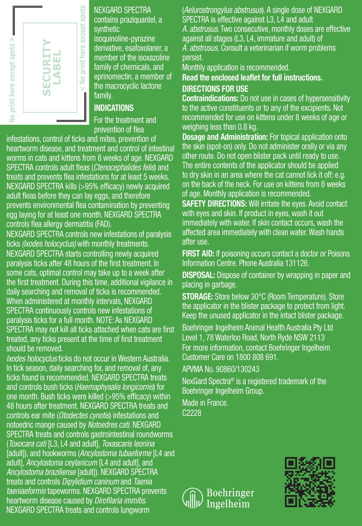 NexGard Spectra Spot-On for Cats carton back panel and leaflet text, larger cat pack