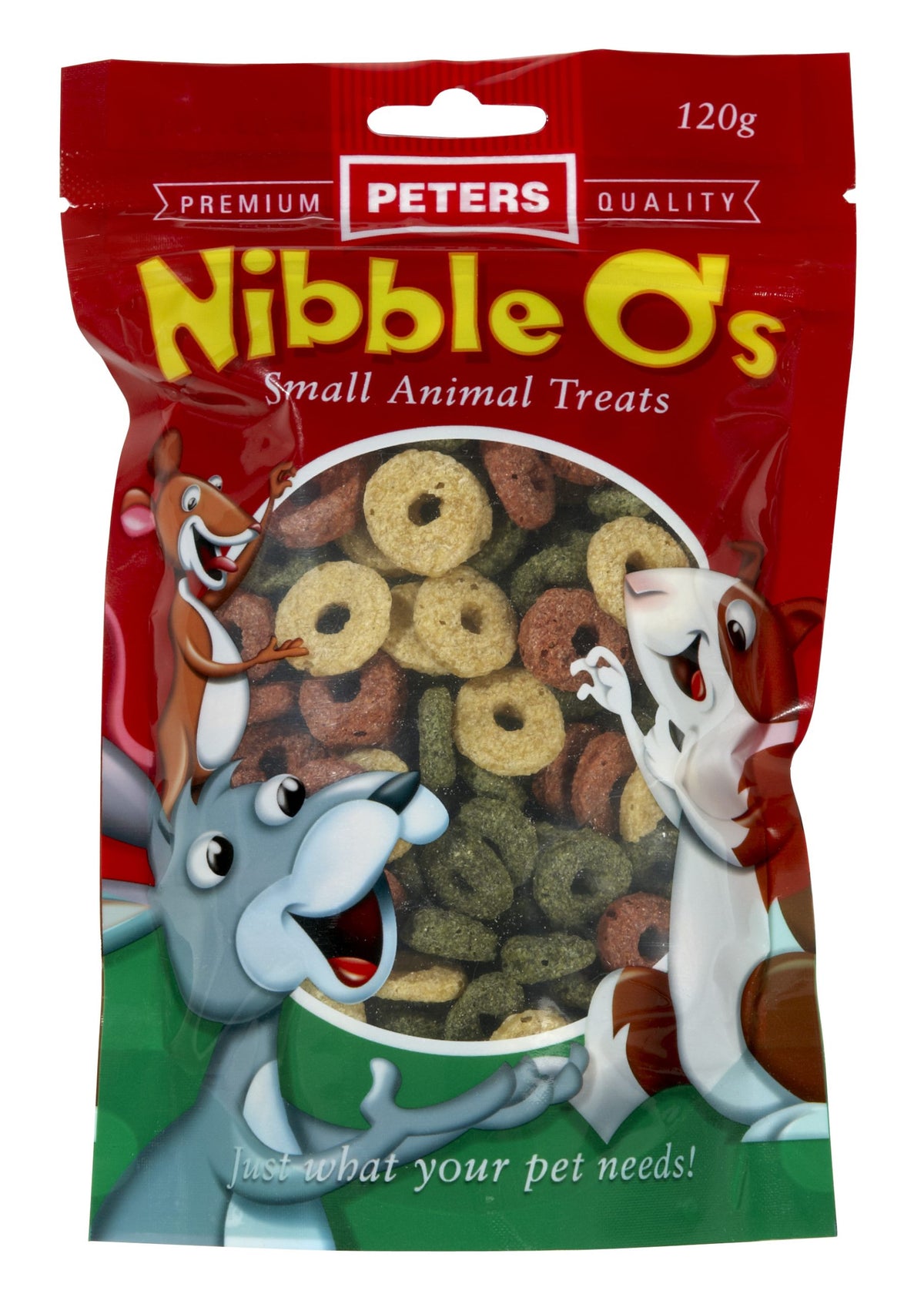 Peters Nibble O's 120g pack front — maize and lucerne ring treats