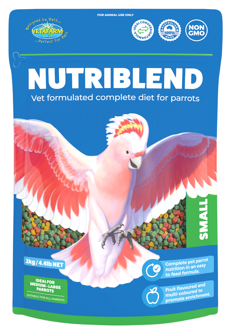 Vetafarm Nutriblend Small pellets 2kg bag, new blue pack with a pink galah, front