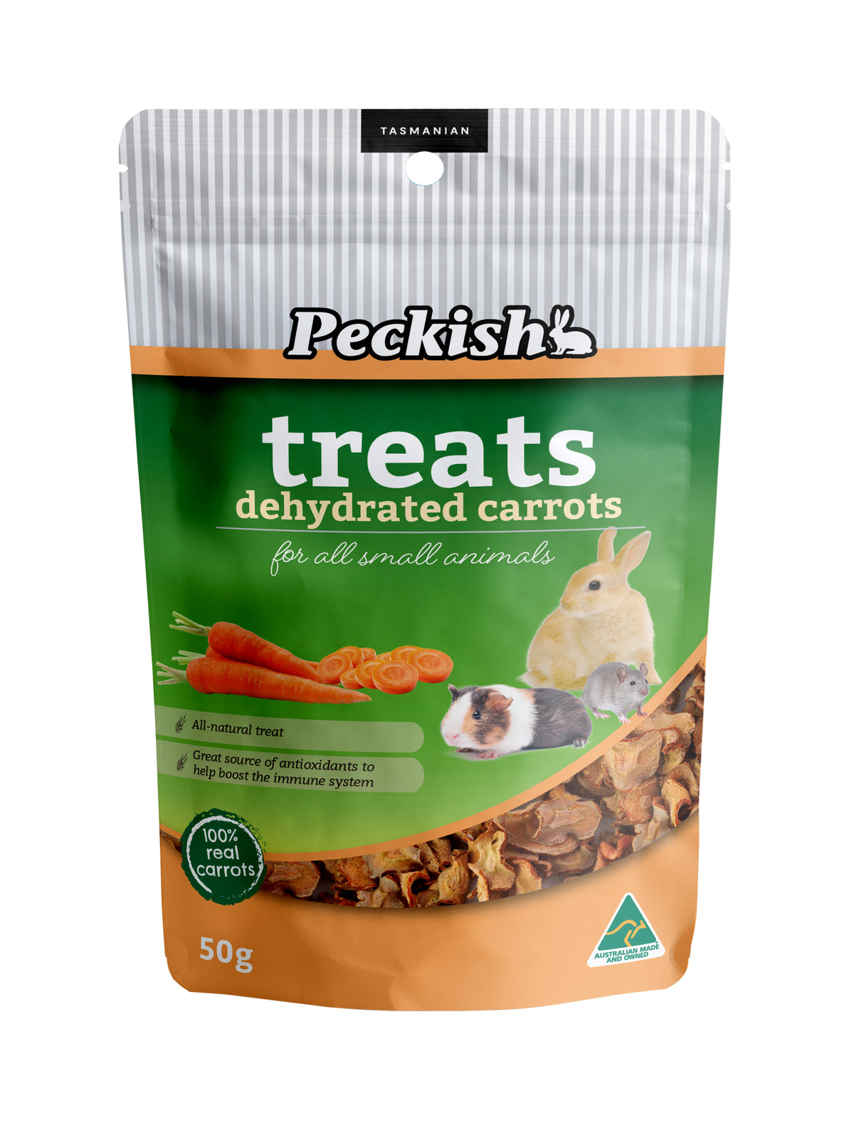 Peckish Dehydrated Carrot Small Animal Treat 50g pack front | PeekAPaw Pet Supplies
