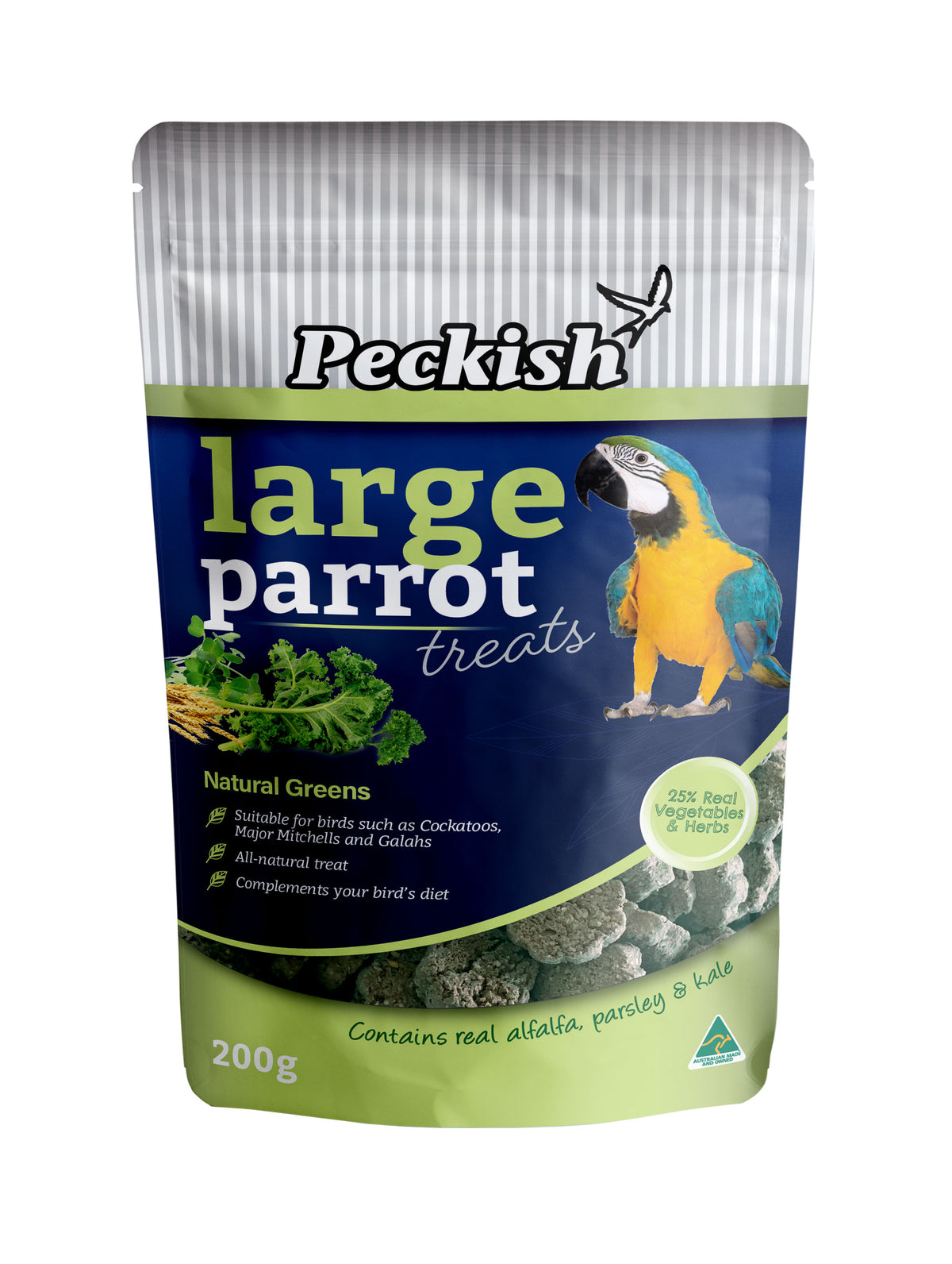 Peckish Large Parrot Natural Greens Treats 200g pack front | PeekAPaw Pet Supplies