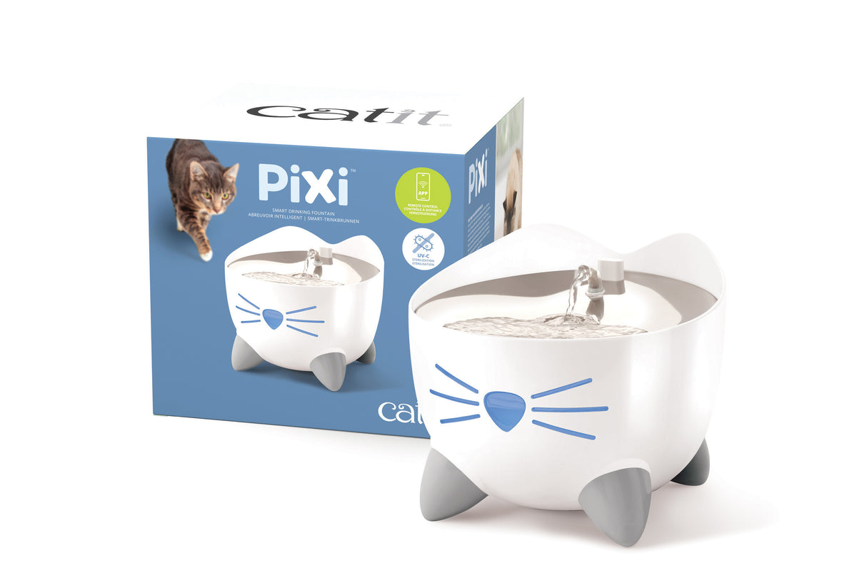 Catit PIXI Smart stainless steel cat water fountain, Catit feature panel showing control from the PIXI phone app