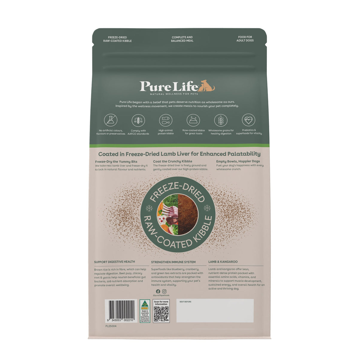 Pure Life Adult Lamb & Kangaroo raw-coated kibble bag back
