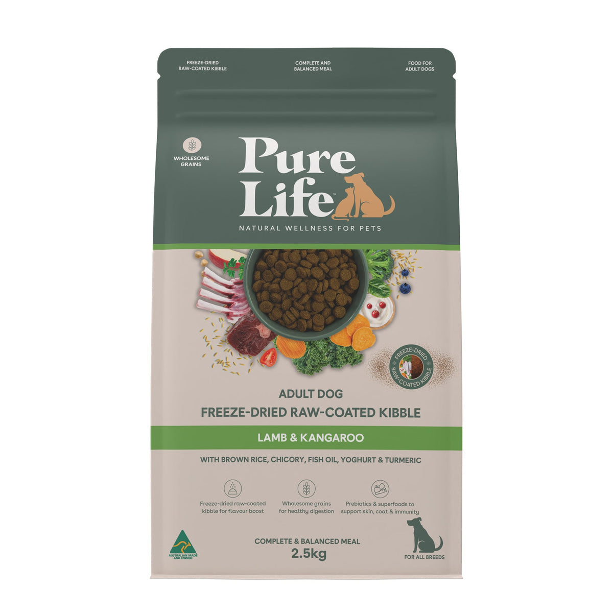 Pure Life Freeze-Dried Raw-Coated Adult Lamb & Kangaroo 2.5kg bag front