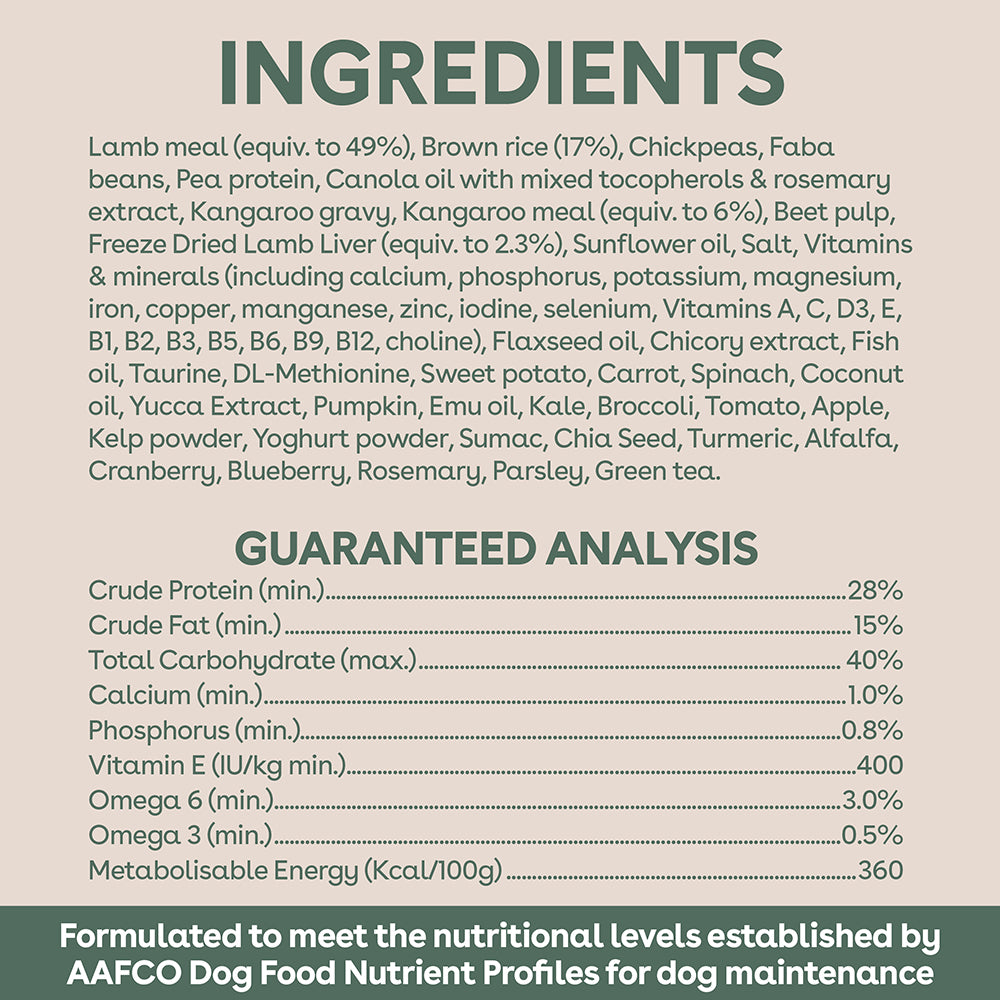 Pure Life Adult Lamb & Kangaroo raw-coated kibble ingredients panel