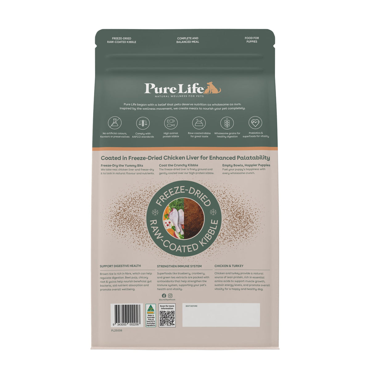 Pure Life Puppy Chicken & Turkey raw-coated kibble bag back