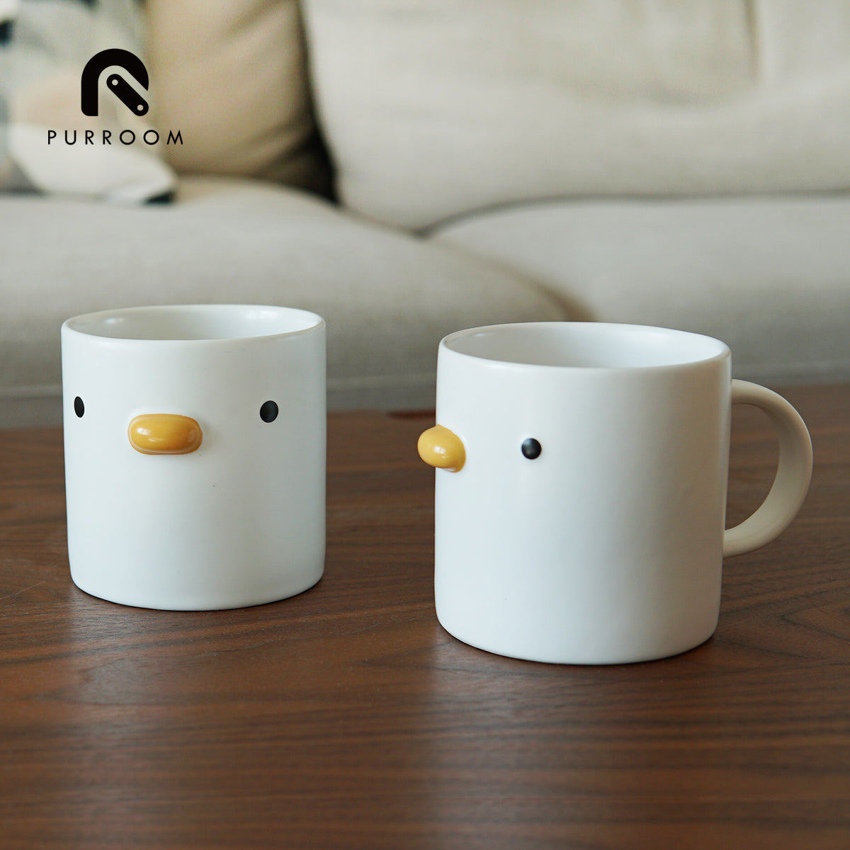 Purroom Chick Ceramic Mug, 400 ml white ceramic mug with chick face and handle