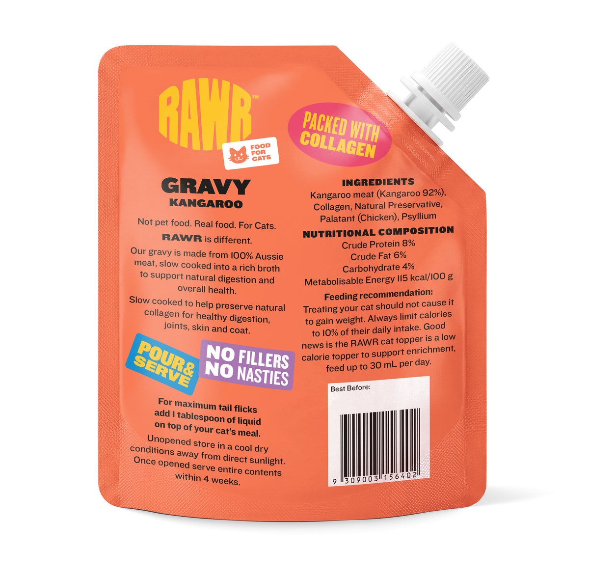 RAWR Gravy Kangaroo pouch back with ingredients and feeding guide