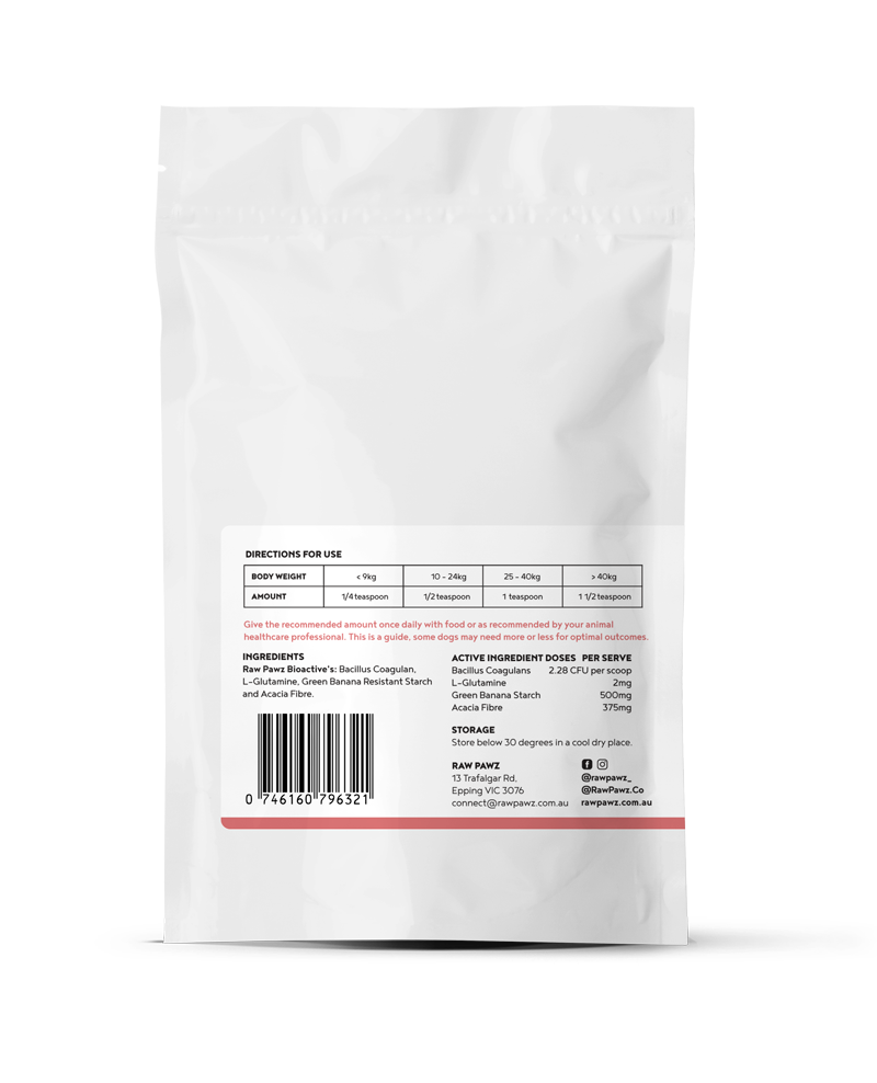 Raw Pawz Probiotic Gut Health Functional Dog Meal Topper back of pack