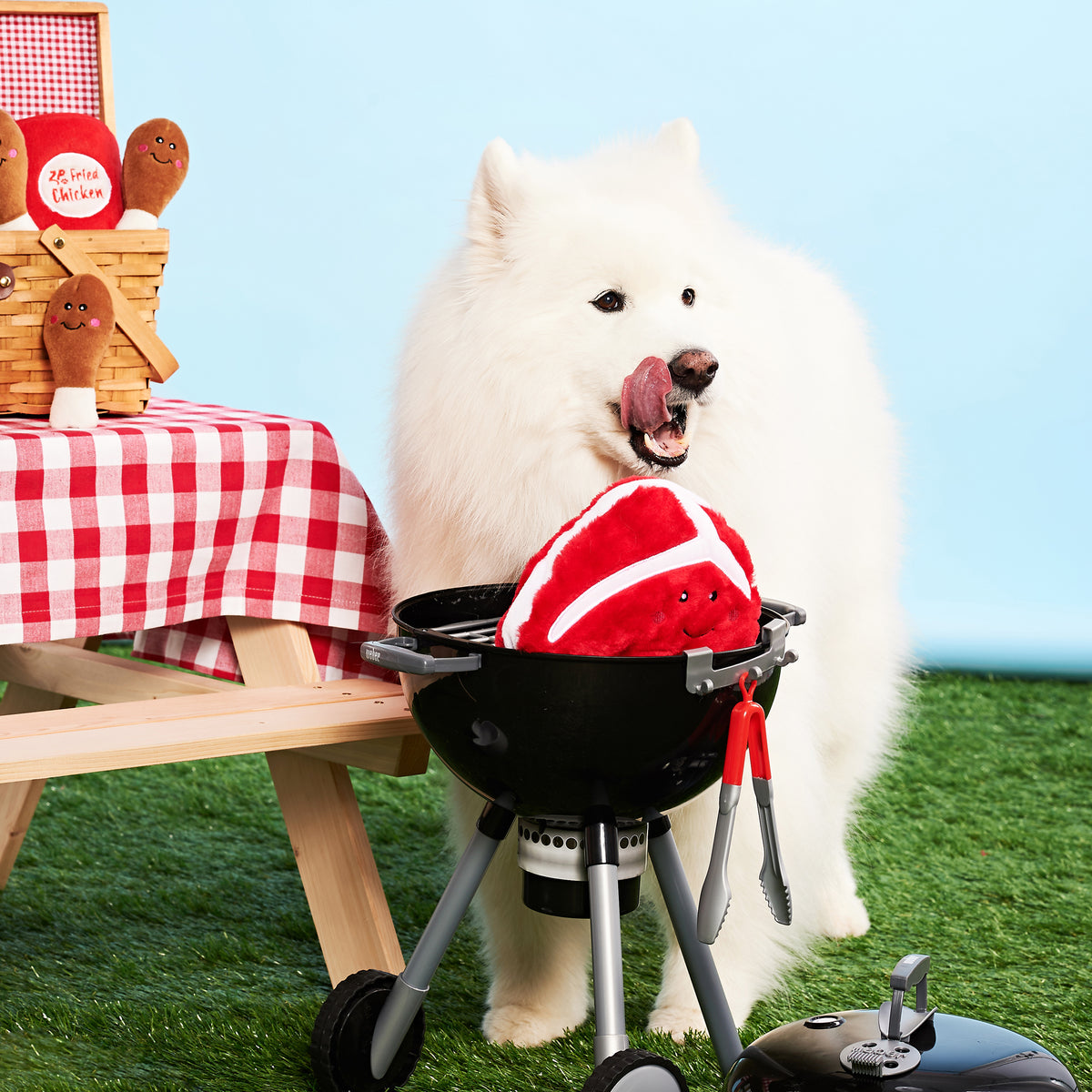A dog beside a barbecue with the Zippy Paws NomNomz Steak toy