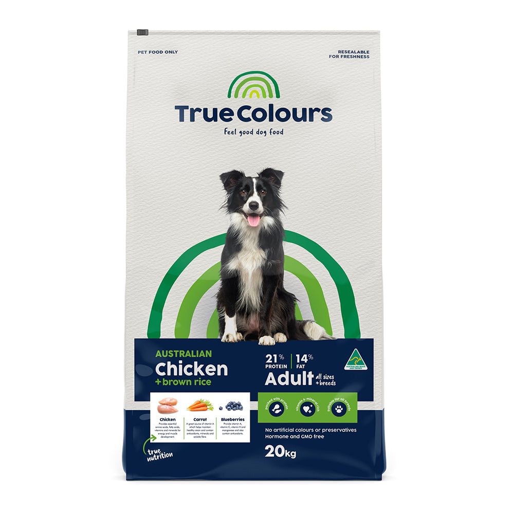 True Colours Adult Chicken & Brown Rice dry dog food, 20kg bag – front of pack
