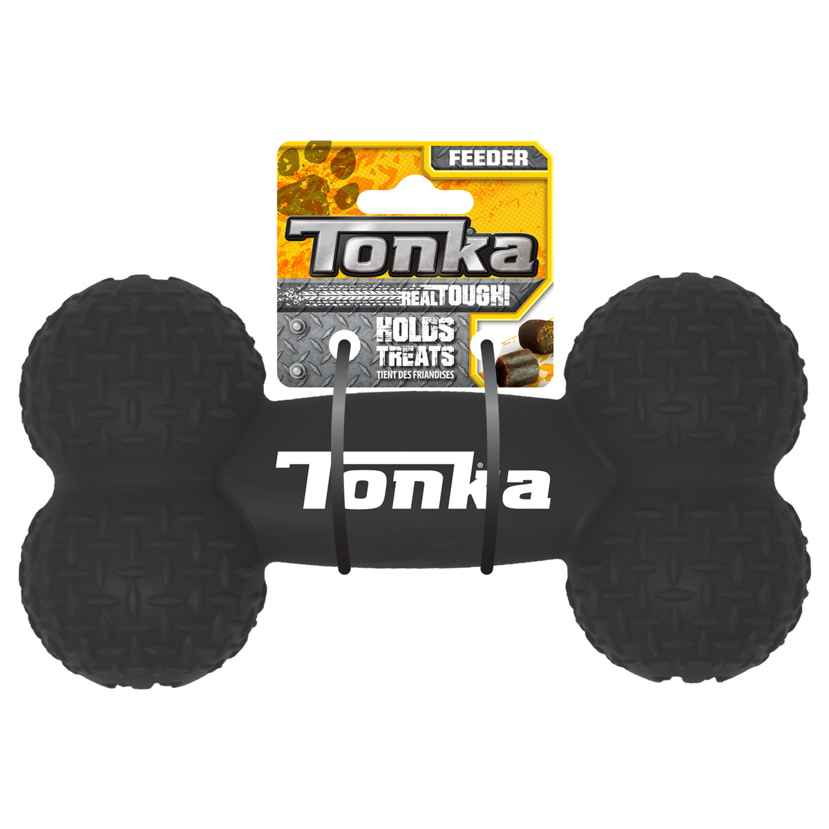 Black Tonka feeder bone dog toy with a diamond plate texture, on its retail card