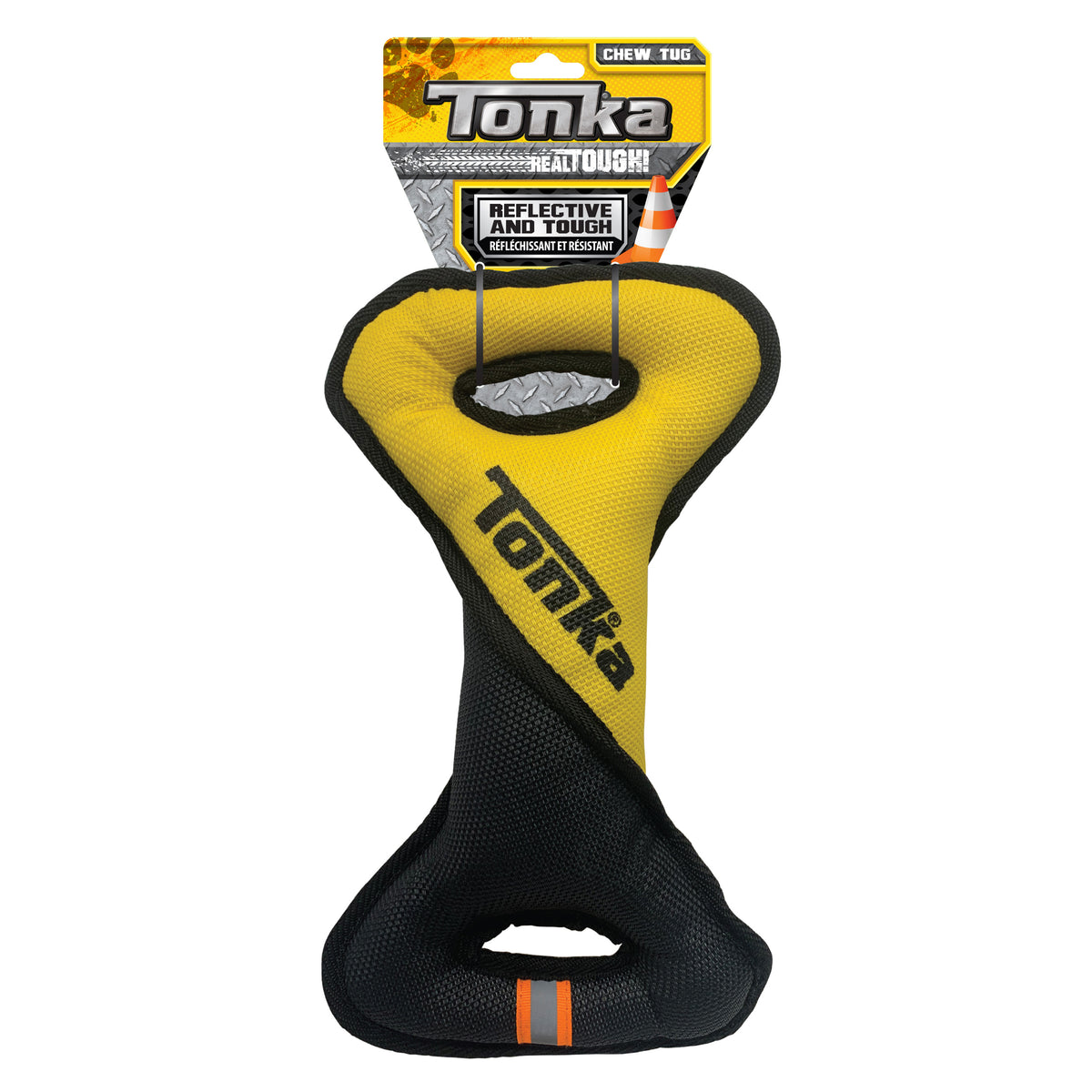 Yellow and black Tonka figure-of-eight twist tug toy on its retail card