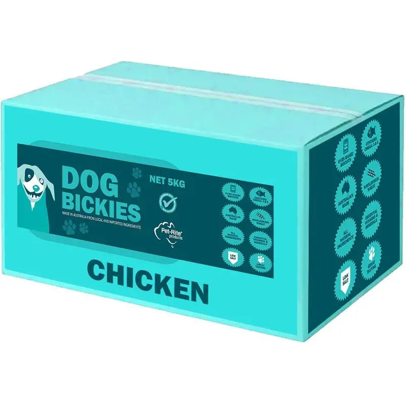 Pet-Rite Chicken Bickies dog biscuits 5kg bulk box front of pack