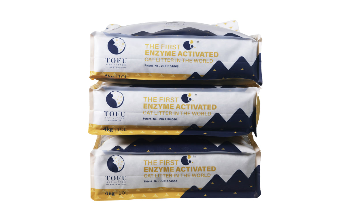 Three Tofu Cat Litter Australia Original 4kg bags stacked, the 4kg x 3 pack