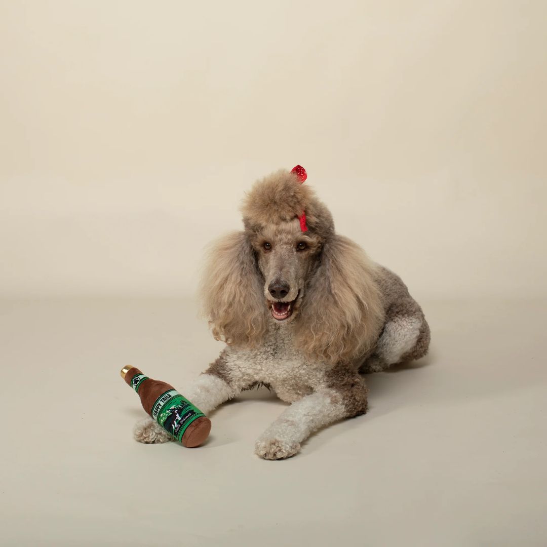Fringe Studio Plush Squeaker Dog Toy - Happy Tails Beer Bottle | PeekAPaw Pet Supplies