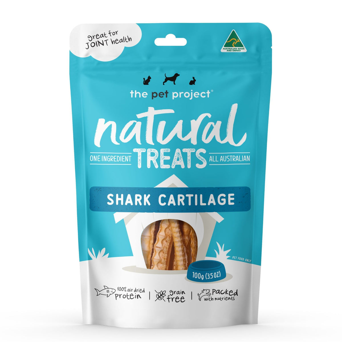 The Pet Project Natural Treats Shark Cartilage, 100 g teal resealable pouch, front of pack