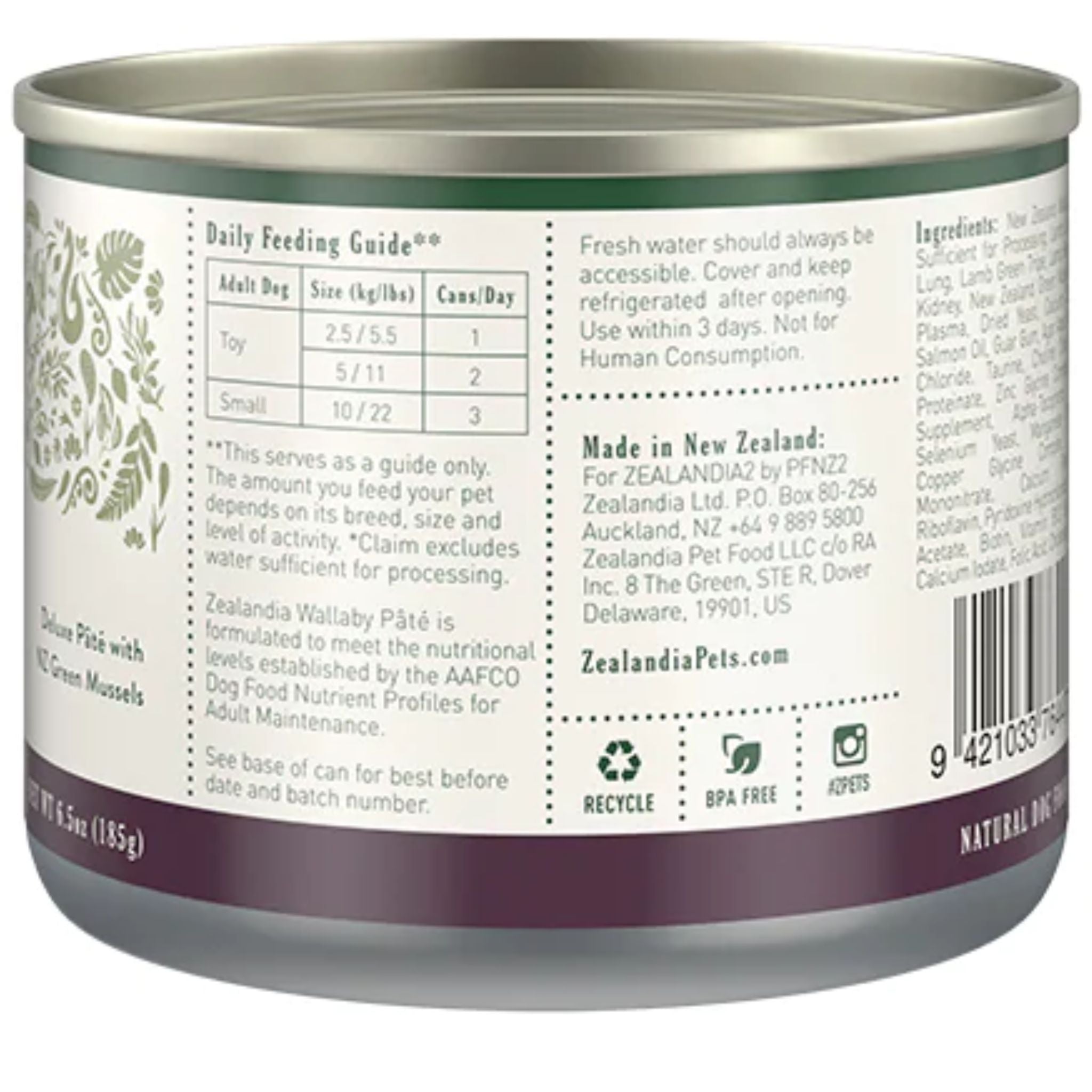 ZEALANDIA Premium Wet Dog Food Wallaby Pate 185g x 24 | PeekAPaw Pet Supplies