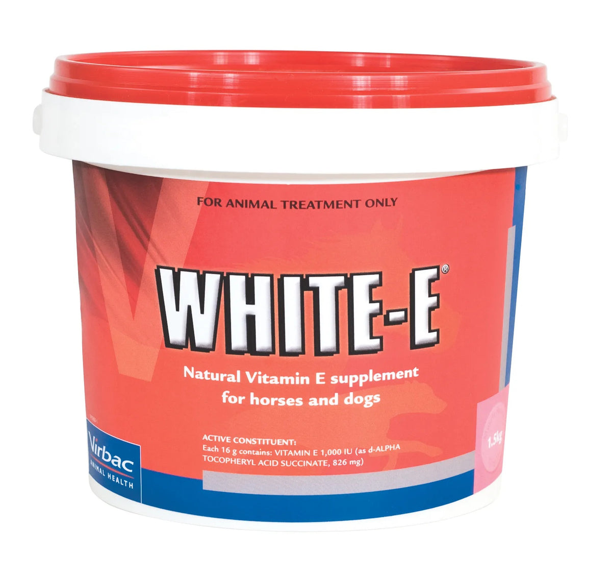 Virbac White-E natural vitamin E supplement 1.5kg – front of tub