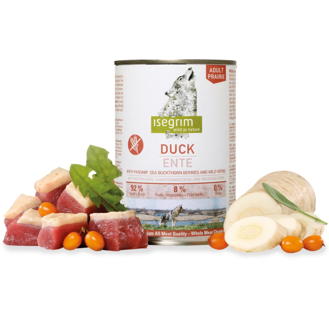 Isegrim Canned Dog Food Adult Prairie Duck with Parsnip, Sea Buckthorn Berries & Wild Herbs - 400g x 6 | PeekAPaw Pet Supplies