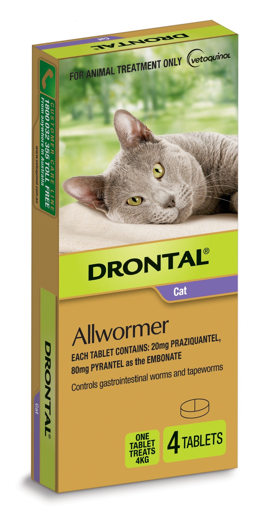 Drontal Allwormer tablets for cats up to 4kg, 4 tablets – front of carton