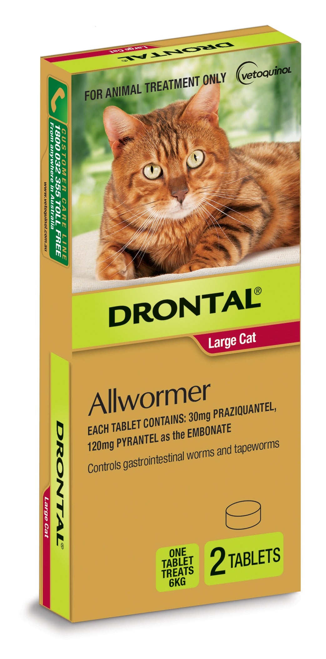 Drontal Allwormer tablets for large cats up to 6kg, 2 tablets – front of carton