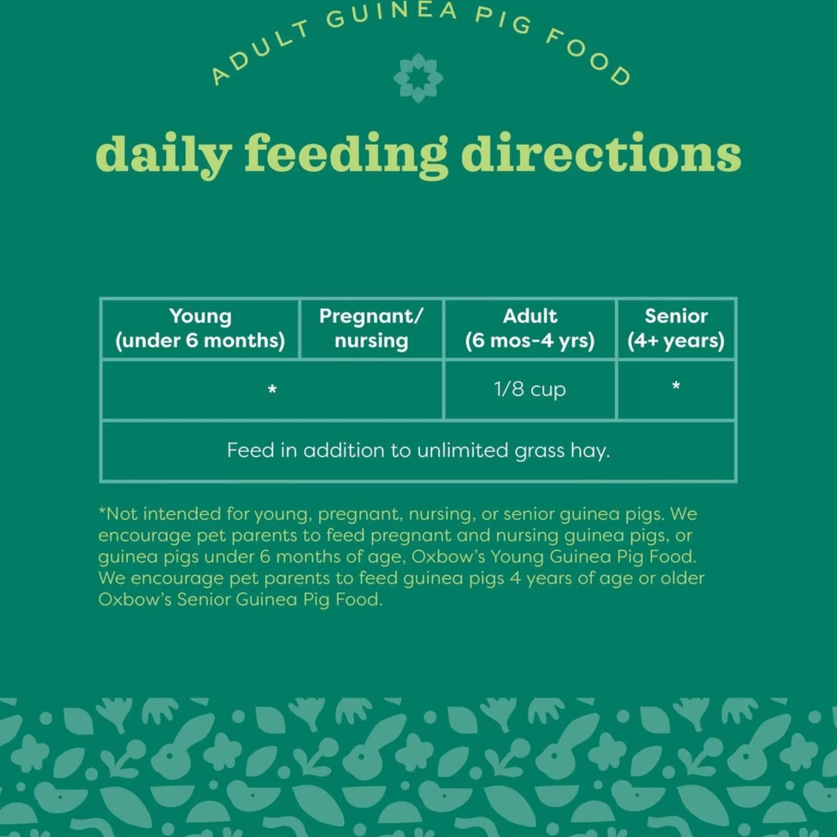 Oxbow Garden Select Adult Guinea Pig Food daily feeding directions chart by age