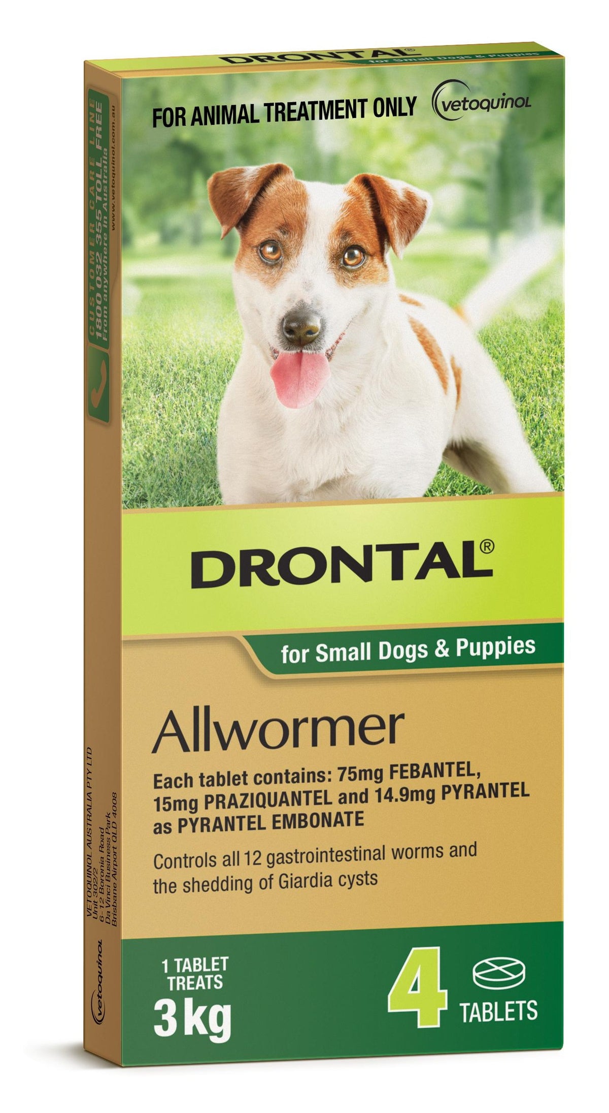 Drontal Allwormer tablets for puppies and small dogs up to 3kg, 4 tablets – front of carton