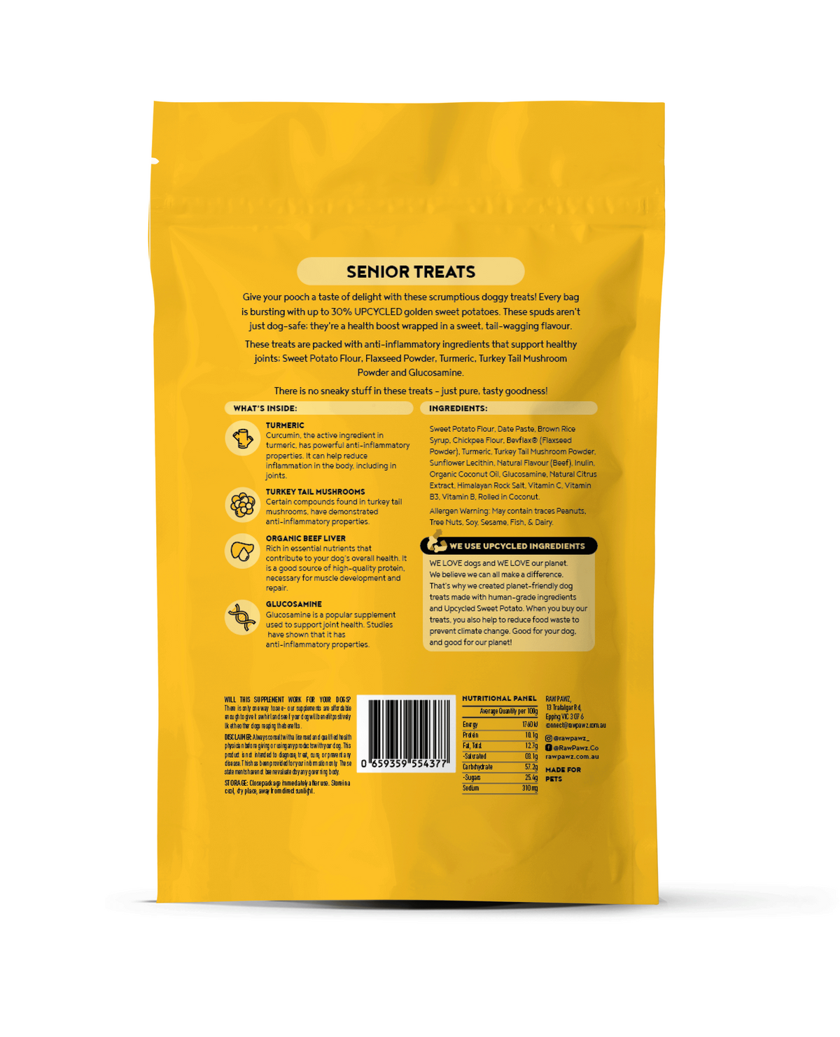 Raw Pawz Senior Dog Treats back of pack showing ingredients