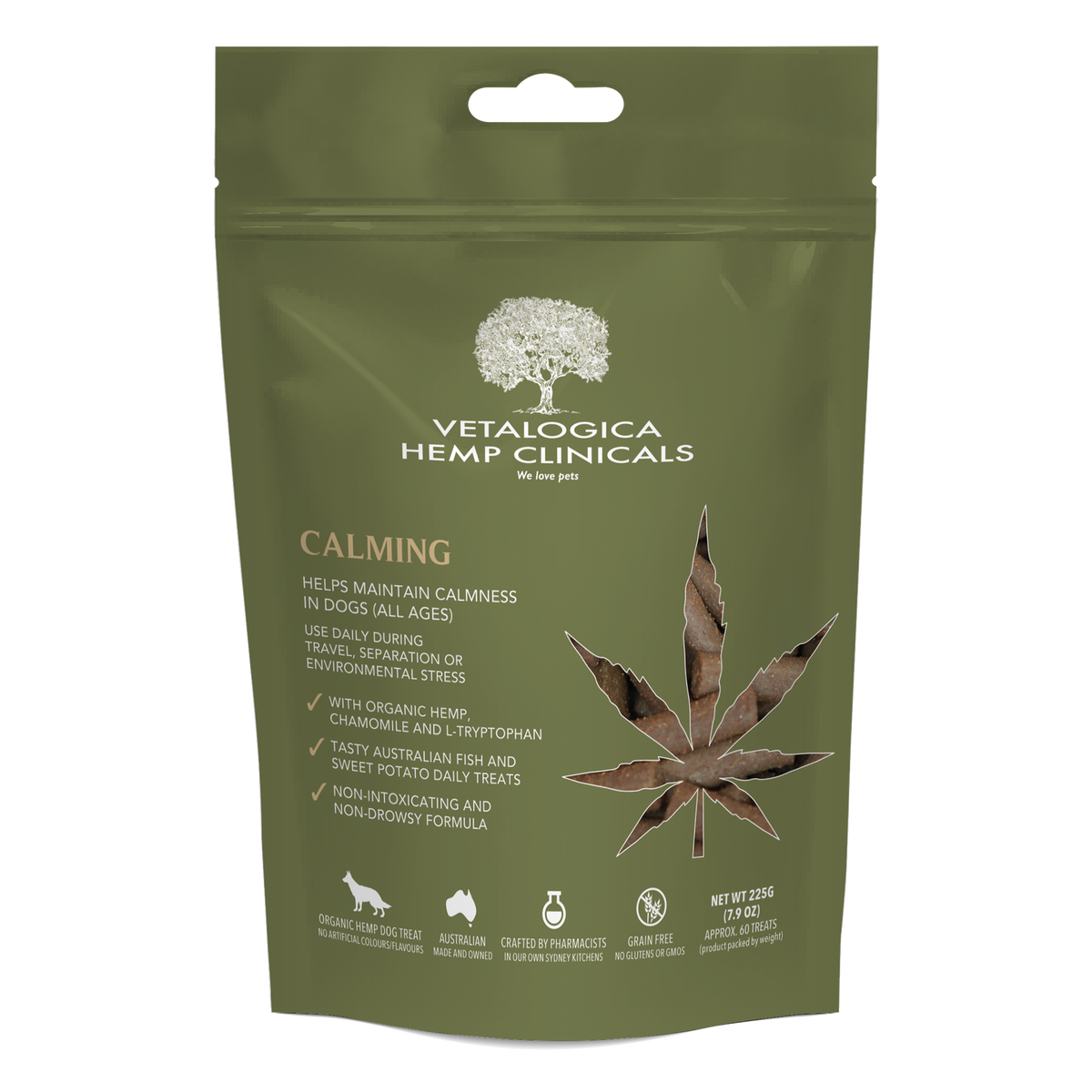 Vetalogica Hemp Clinicals Calming Treats for Dogs 225g pack, front