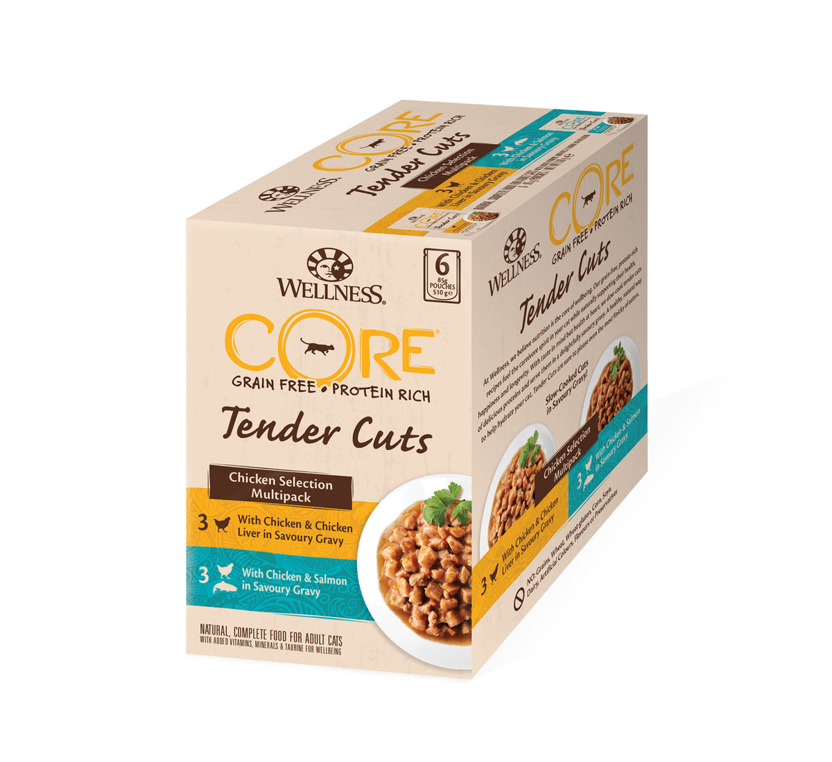 Wellness CORE Tender Cuts Chicken Selection Multipack carton, 6 x 85g pouches in savoury gravy, new pack