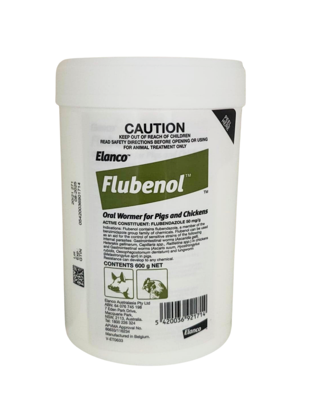Elanco Flubenol wormer powder for pigs and poultry 600g tub