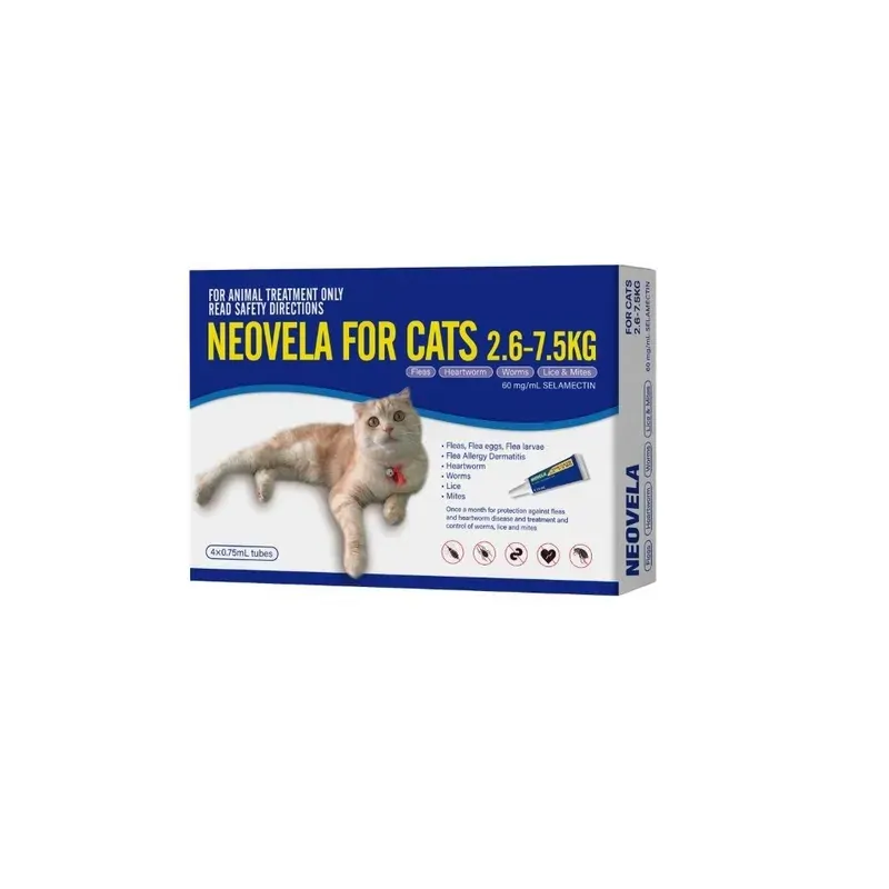 Neovela Spot-On for Cats 2.6-7.5kg, 4 pack carton blue cat artwork