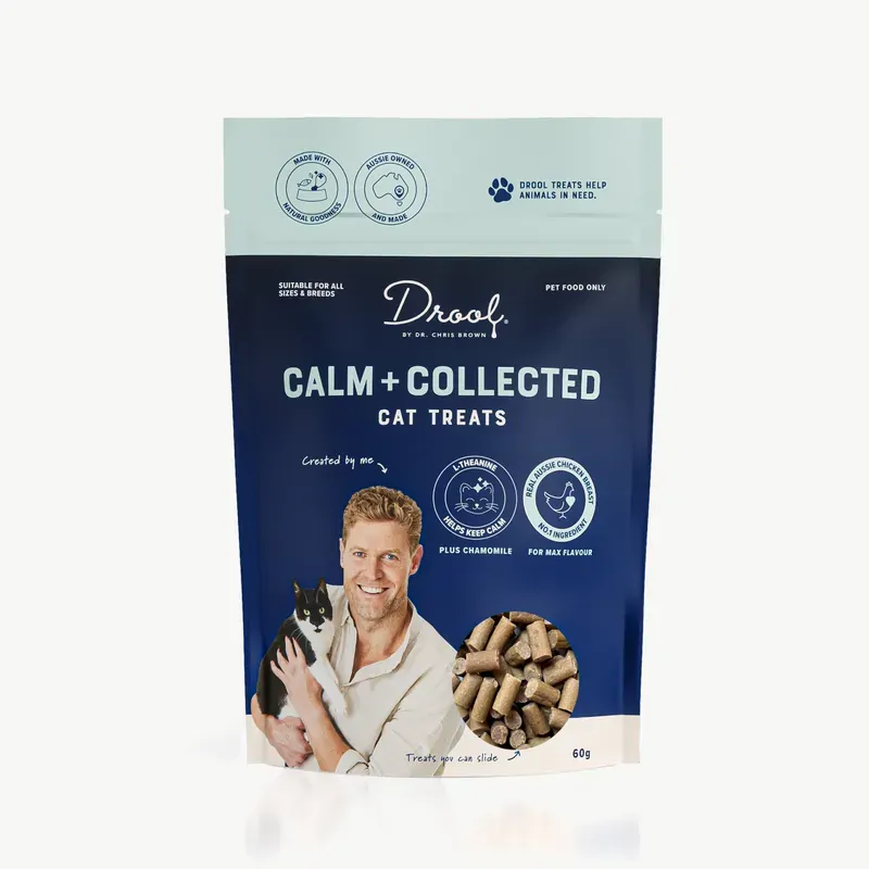Drool by Dr Chris Brown Calm + Collected Cat Treats 60g pouch front of pack