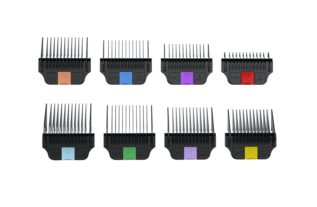 Wahl KM wide stainless steel attachment comb set, combs #1 to #8 laid out