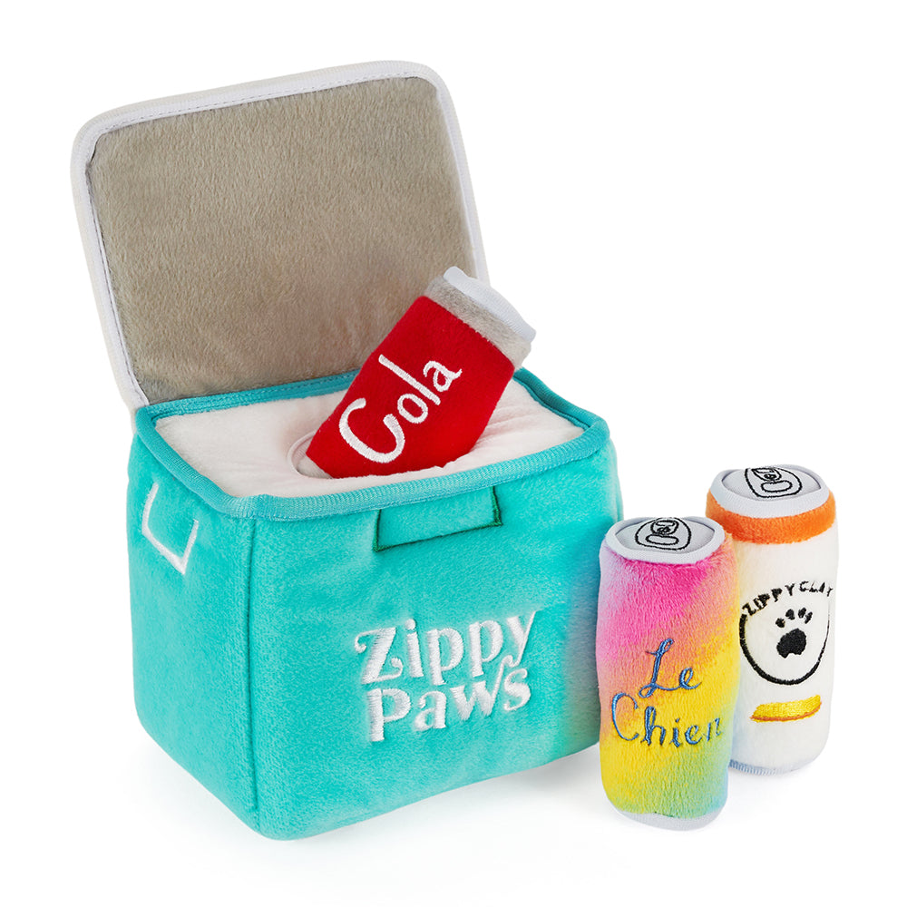 Close up of a squeaky can Miniz toy from the Zippy Burrow Ice Chest