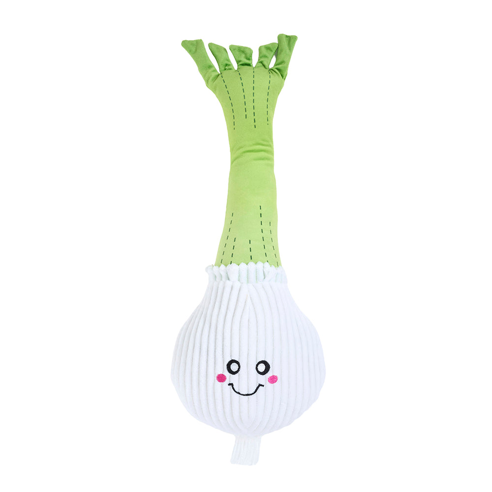 Zippy Paws Jigglerz Onion dog toy, front view of the plush onion with green shoots