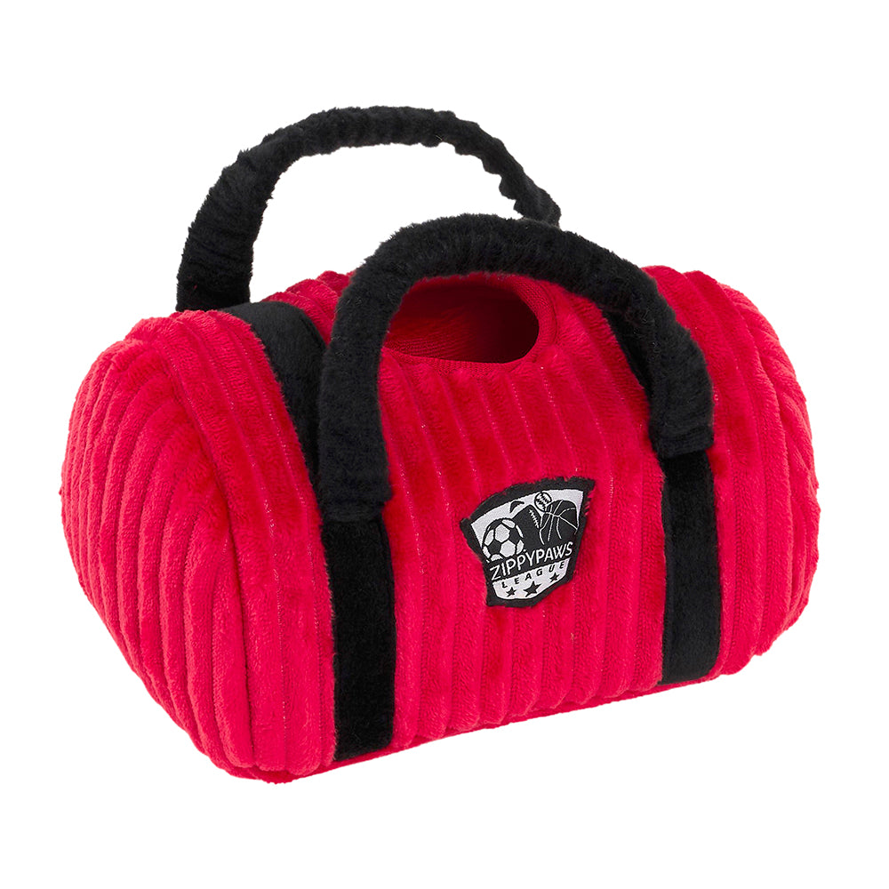The plush red gym bag on its own