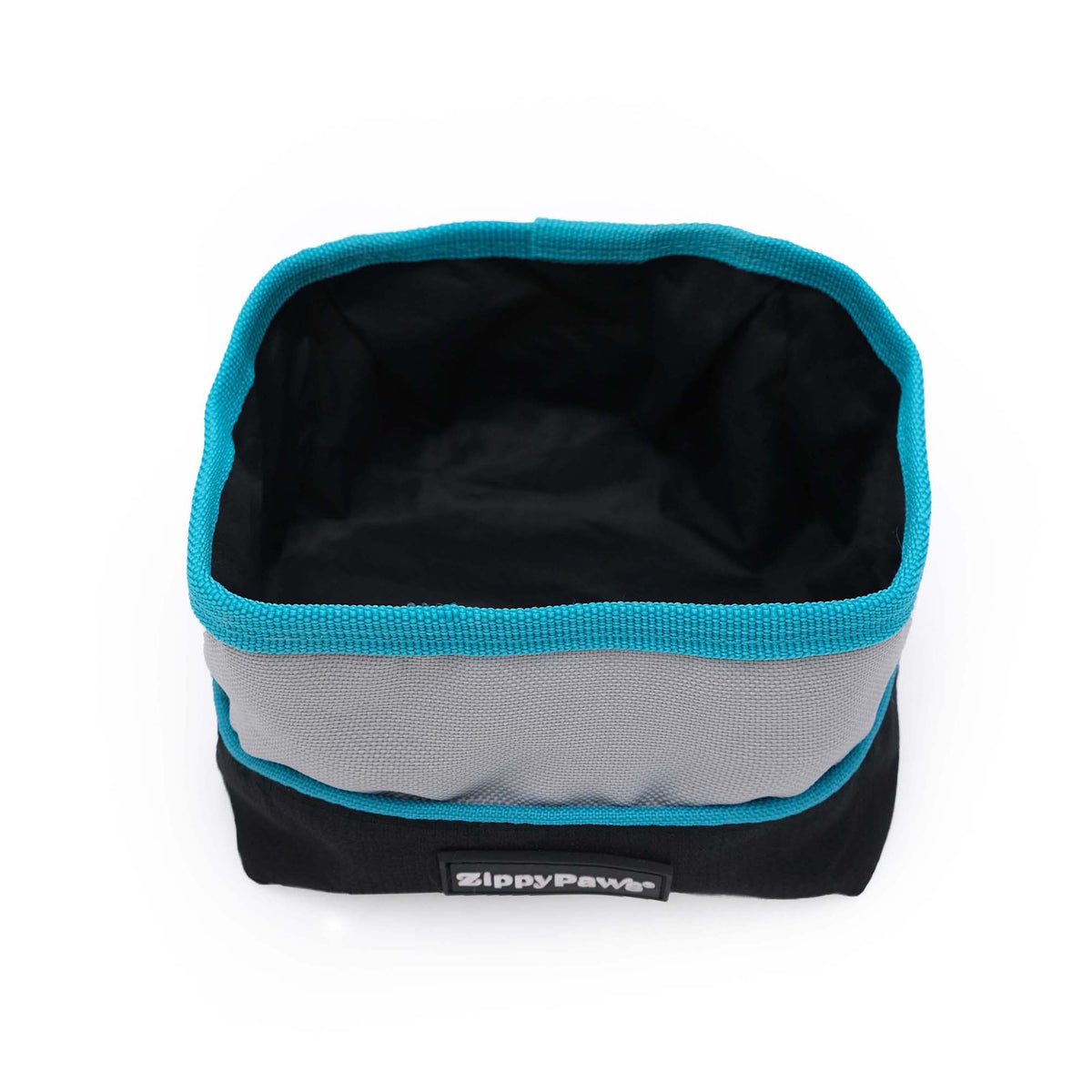 Teal Zippy Paws Adventure Bowl folded flat with its carabiner clip