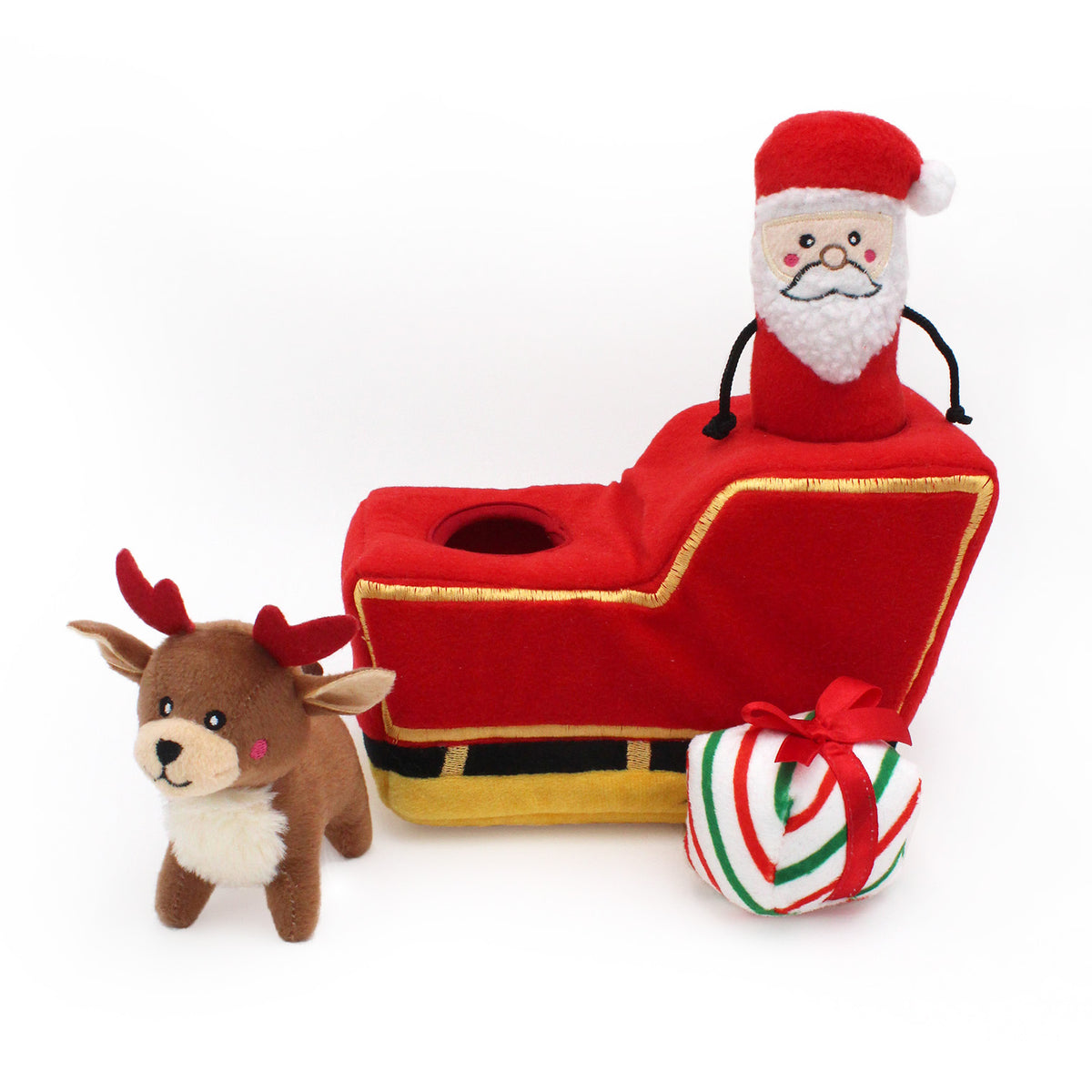 Zippy Paws Christmas Plush Burrow Santas Sleigh dog toy with Santa, a reindeer and a present in the sleigh