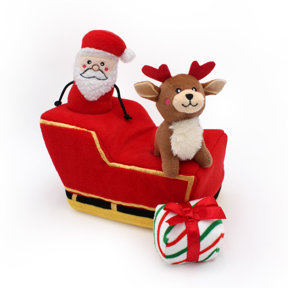 Santas Sleigh burrow shown from the side with the three squeaky toys in place