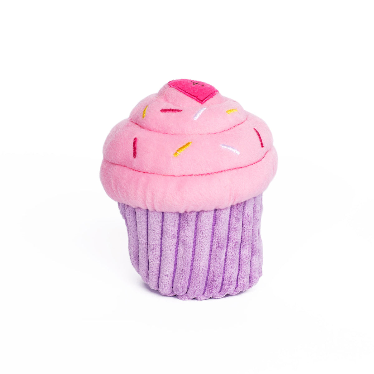 Zippy Paws Birthday Cupcake dog toy in pink, plush cupcake with a candle