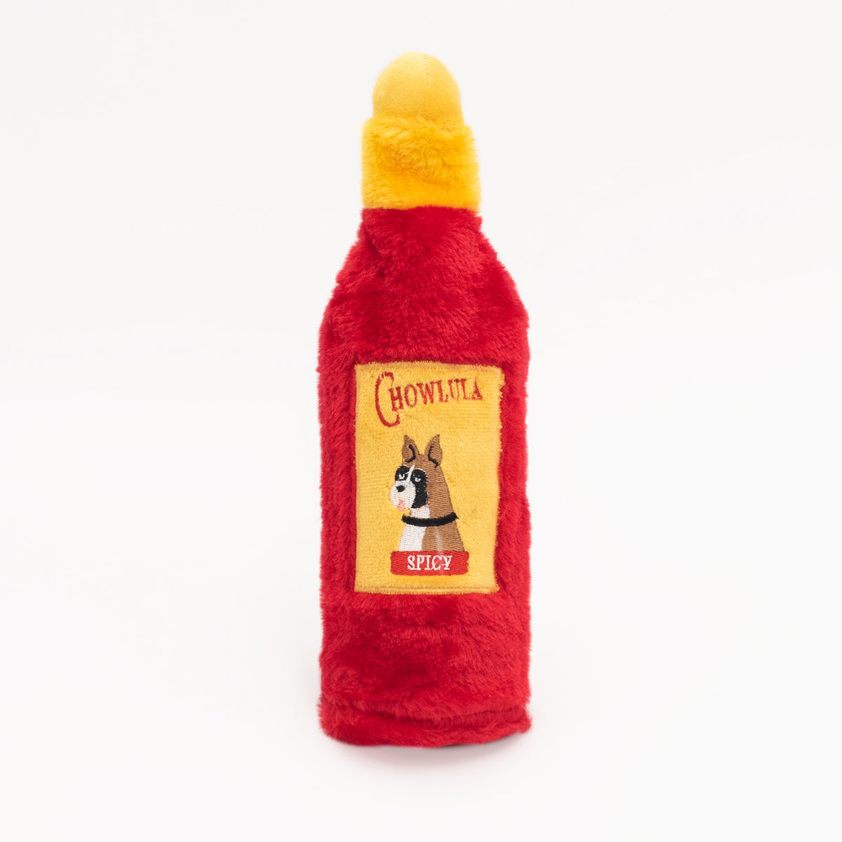 Zippy Paws Hot Sauce Crusherz Chowlula plush bottle dog toy – front