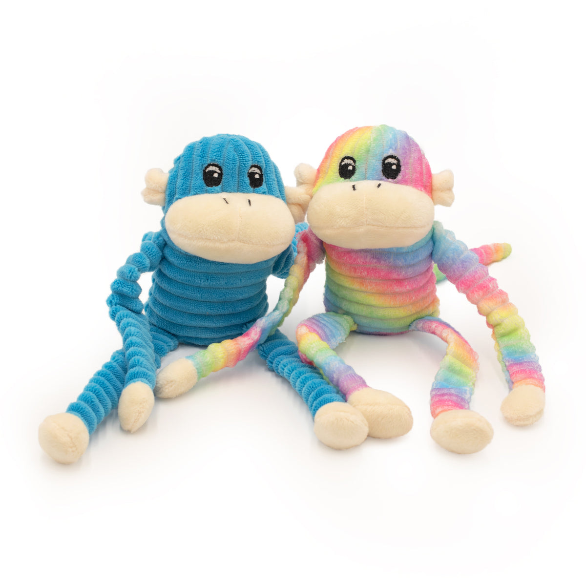 Zippy Paws Spencer The Crinkle Monkey 2 Pack Small, the blue and rainbow monkeys together