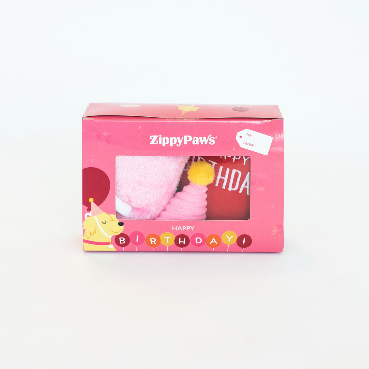 Pink Zippy Paws Birthday Box opened to show the squeaky toys inside