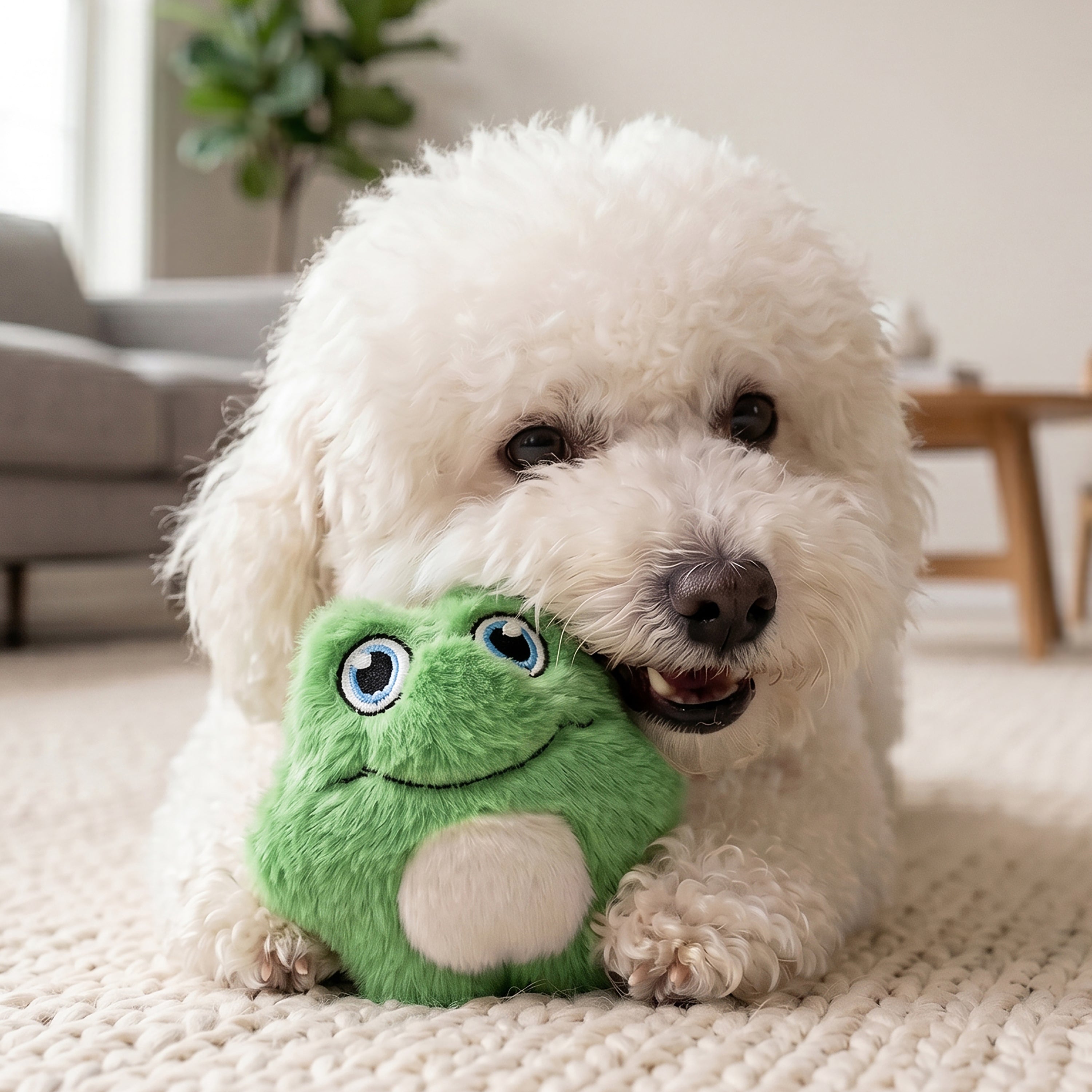 Dog with the KONG Dog Toys Snuzzles Mini Frog