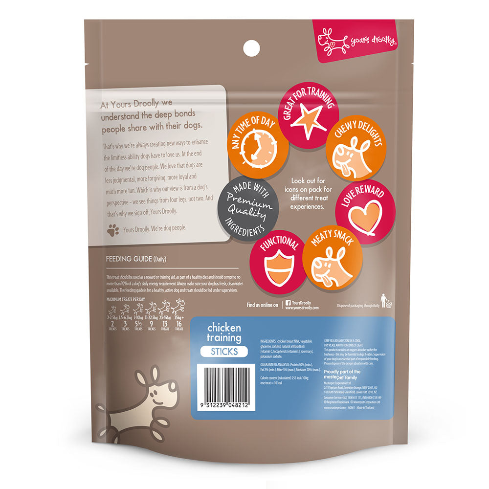 Yours Droolly Chicken Training Sticks 500g - back of pack with ingredients