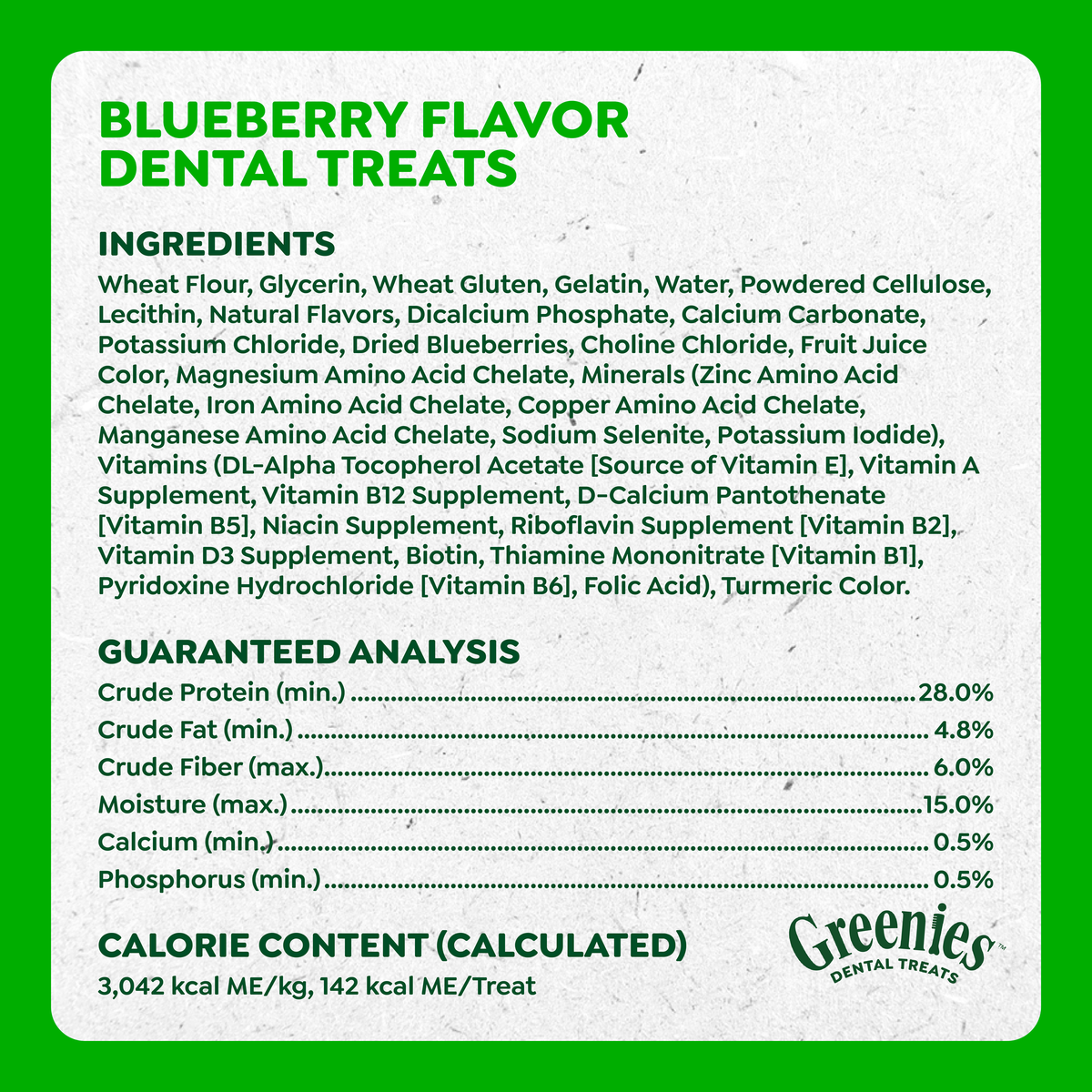 GREENIES Blueberry Flavour dental treats ingredients and guaranteed analysis panel