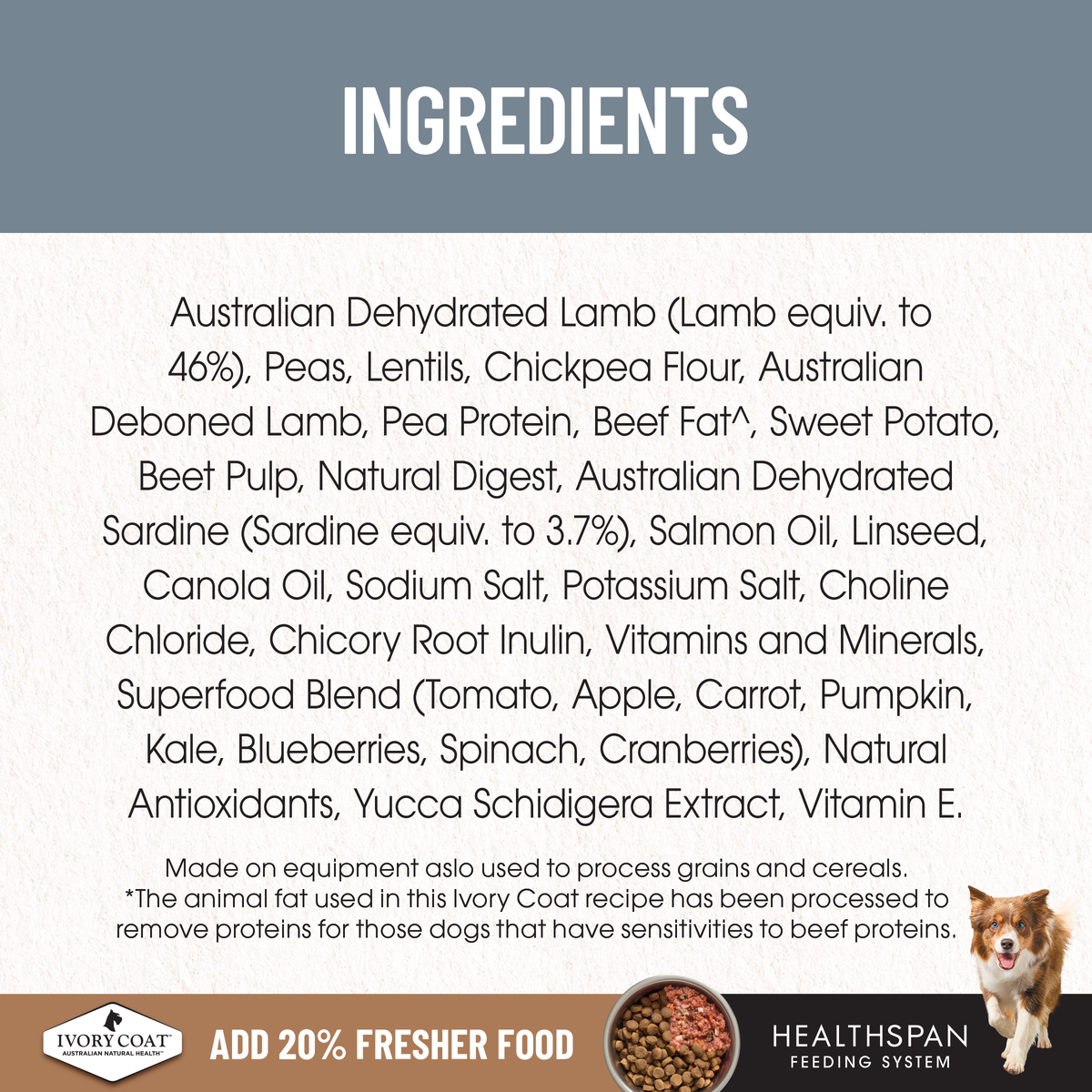 Ivory Coat Grain Free Lamb and Sardine Adult ingredients panel