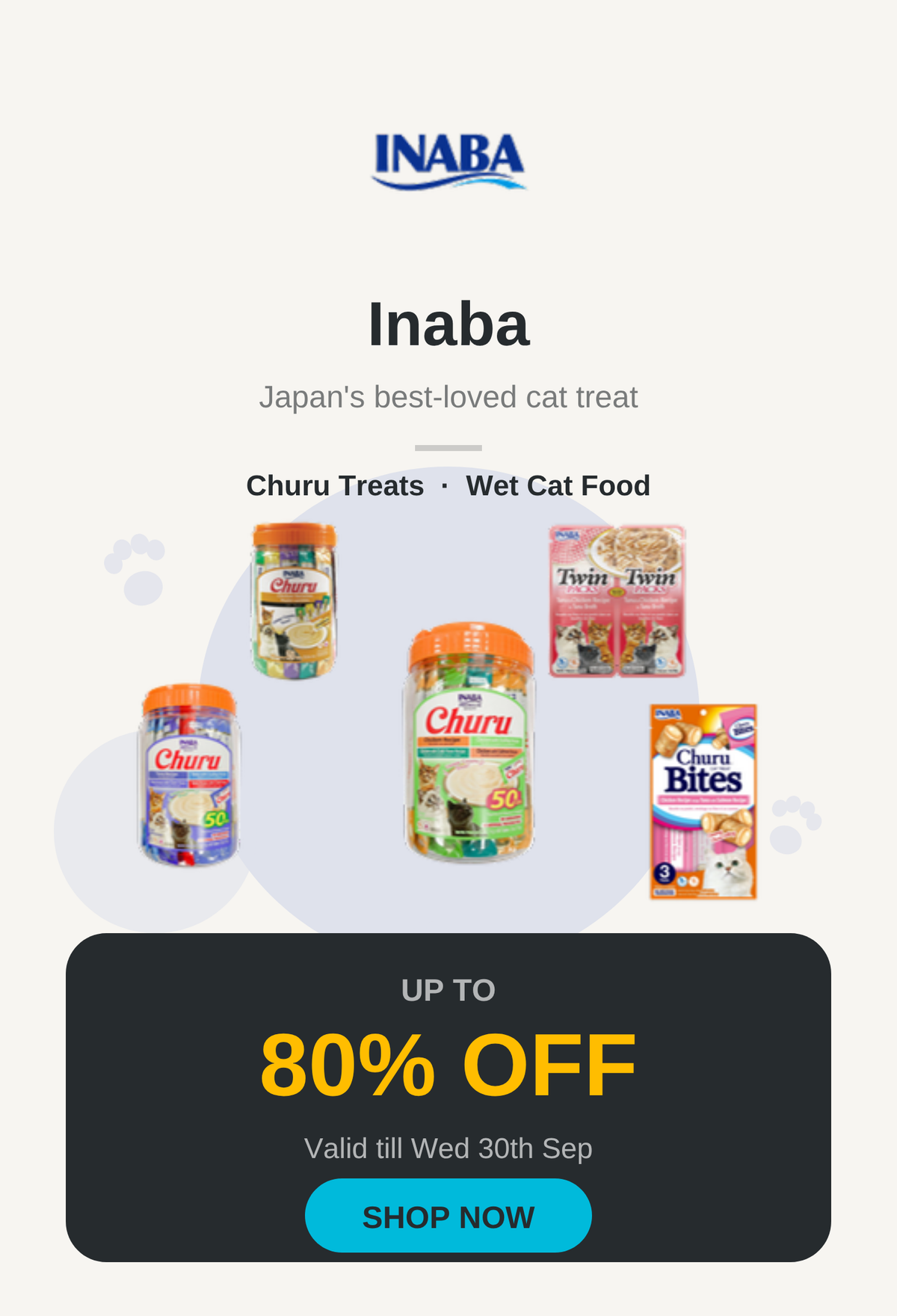 Inaba sale banner, up to 80% off, valid till Wed 30th Sep